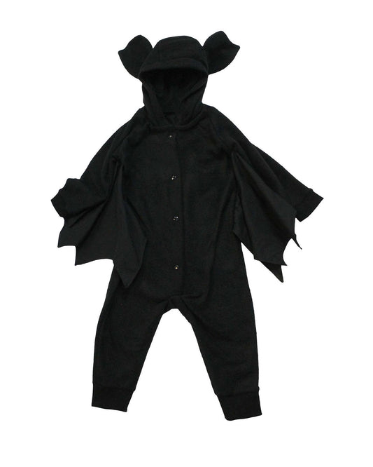 Black bat-themed baby outfit with cape and ears on a white background
