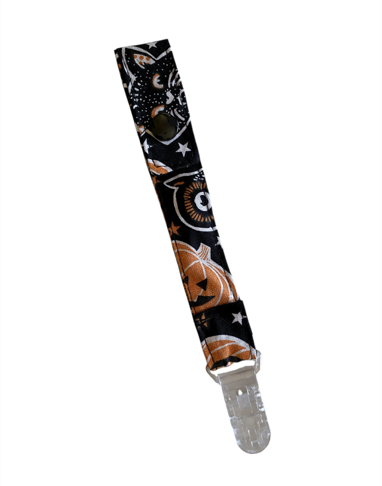Black strap with Halloween-themed design featuring cats and pumpkins on a white background