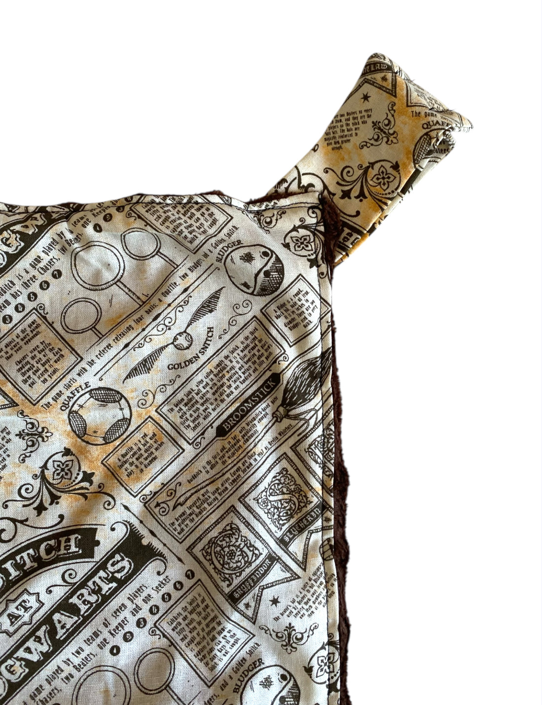 Patterned fabric with text and symbols on a white background