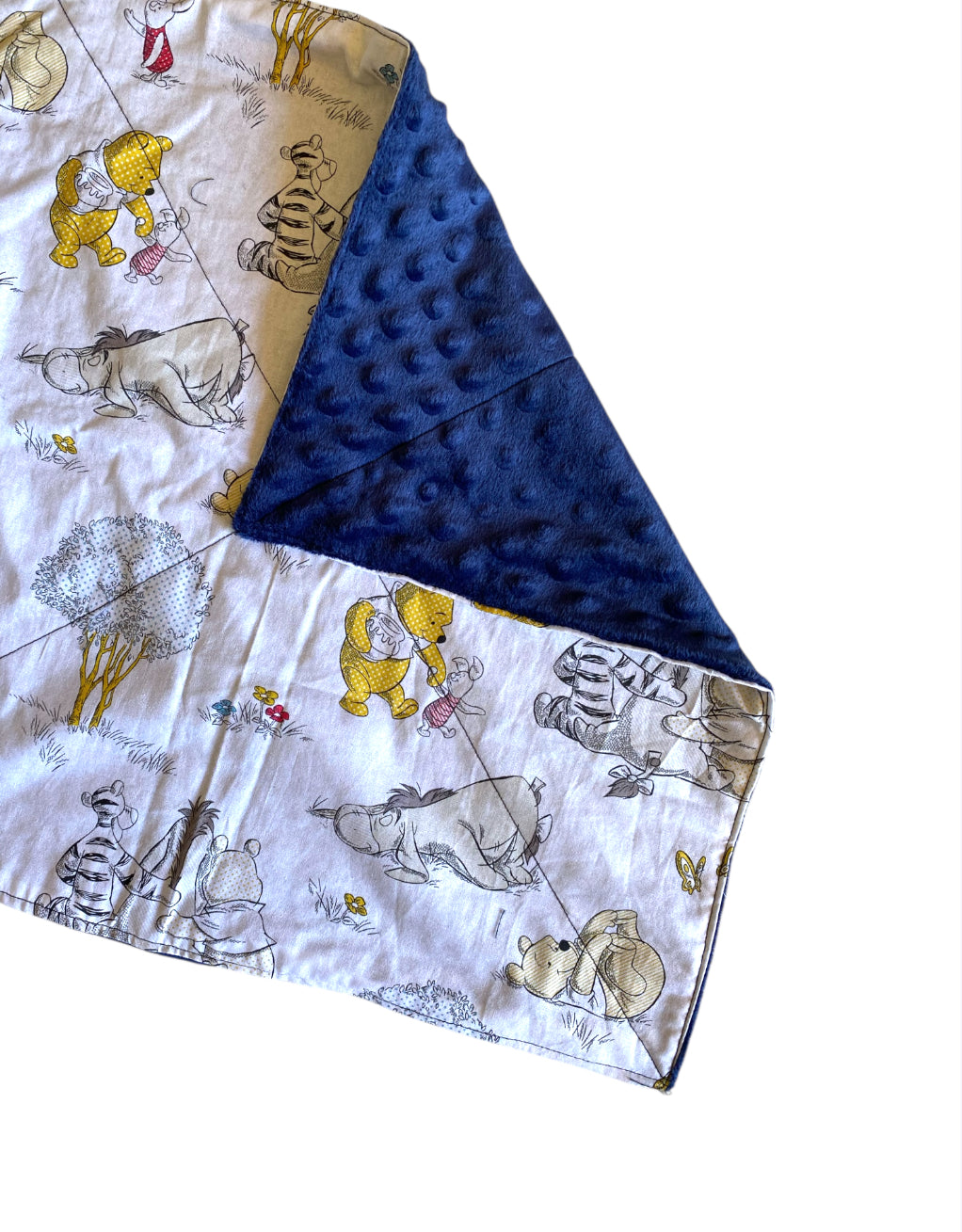 Baby blanket with Winnie the Pooh design on one side and blue minky texture on the other, folded on a white background.