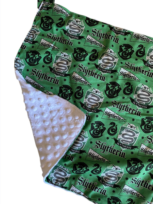 Slytherin-themed blanket with green background and white polka dot border
