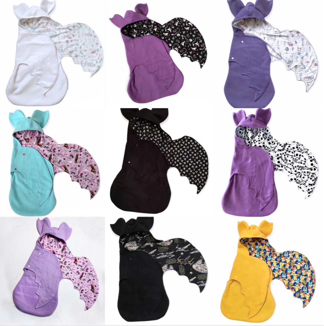 Newborn 6-8 lbs Custom Fabric Bat swaddle Blanket / Purples / Stripes / Cat