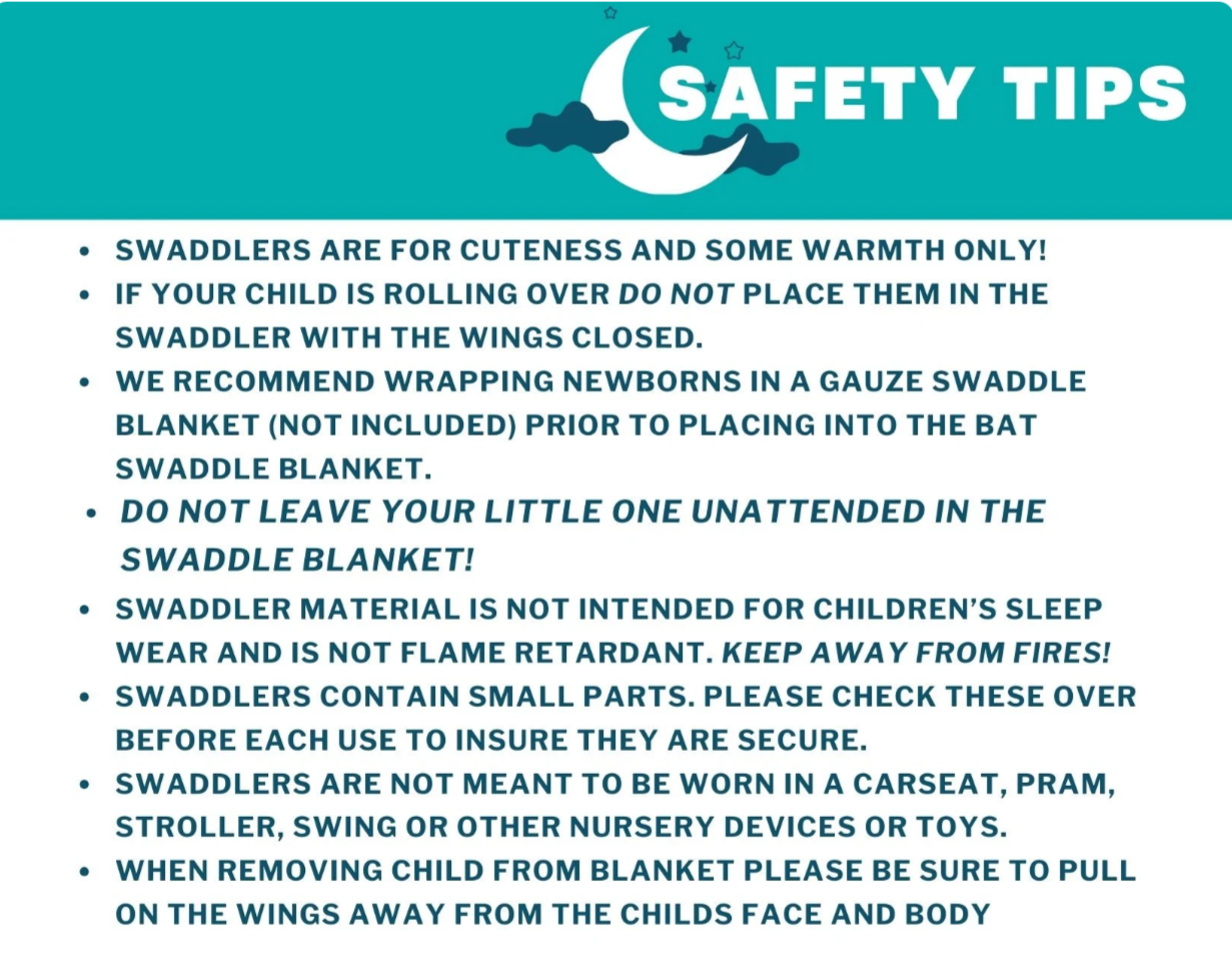 Safety tips for swaddlers displayed on a blue background with a moon and star graphic.