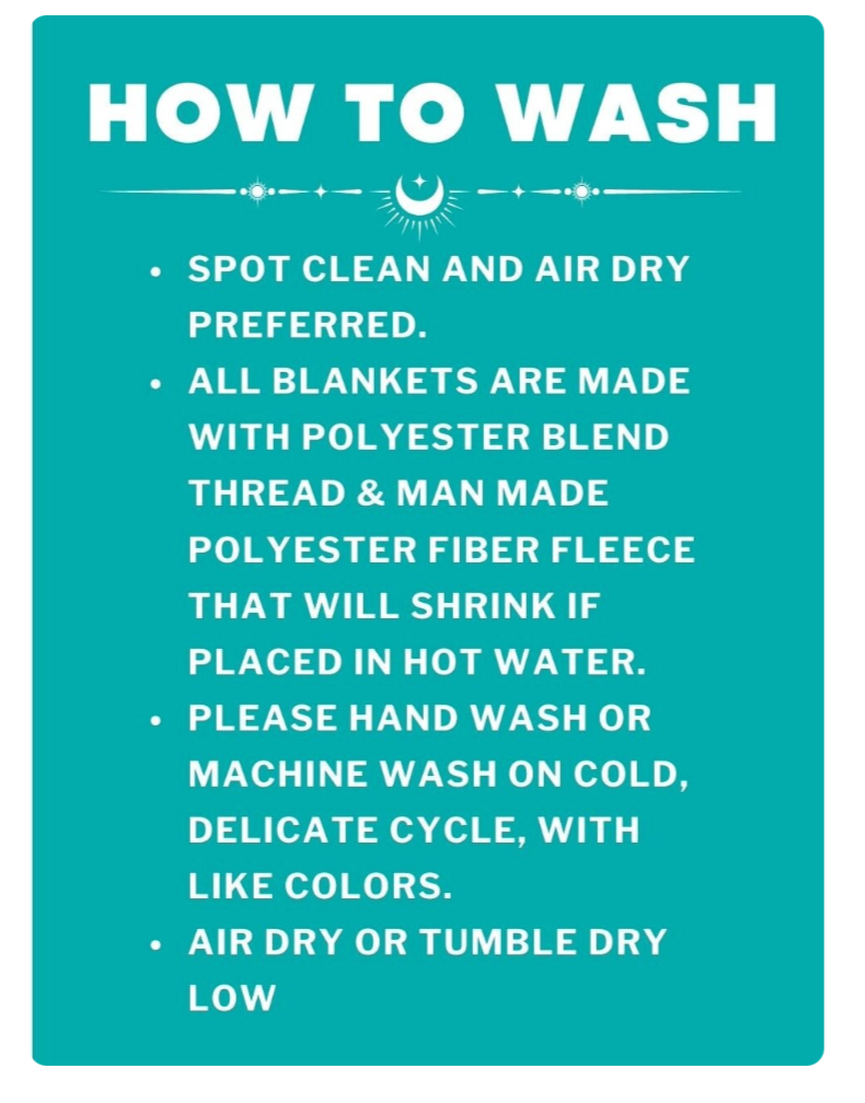 Teal sign with white text on how to wash blankets