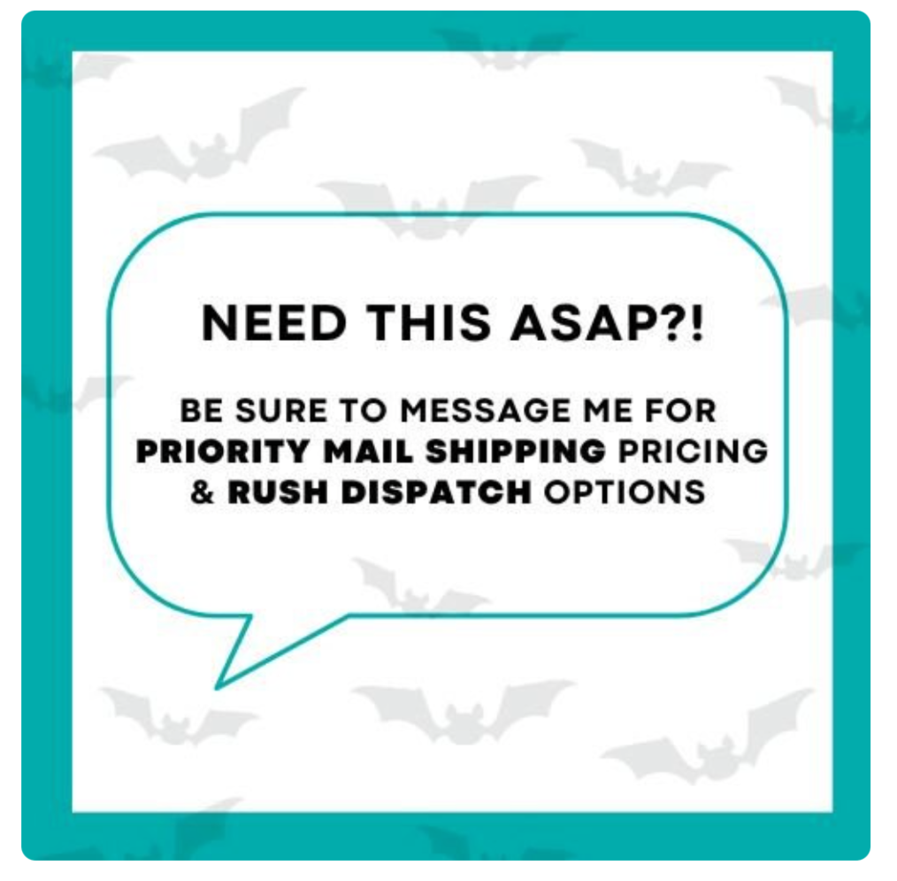 Teal border with a speech bubble containing text about priority mail shipping and rush dispatch options.