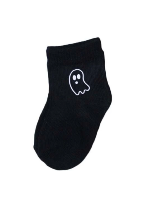 Black sock with a white ghost design on a white background