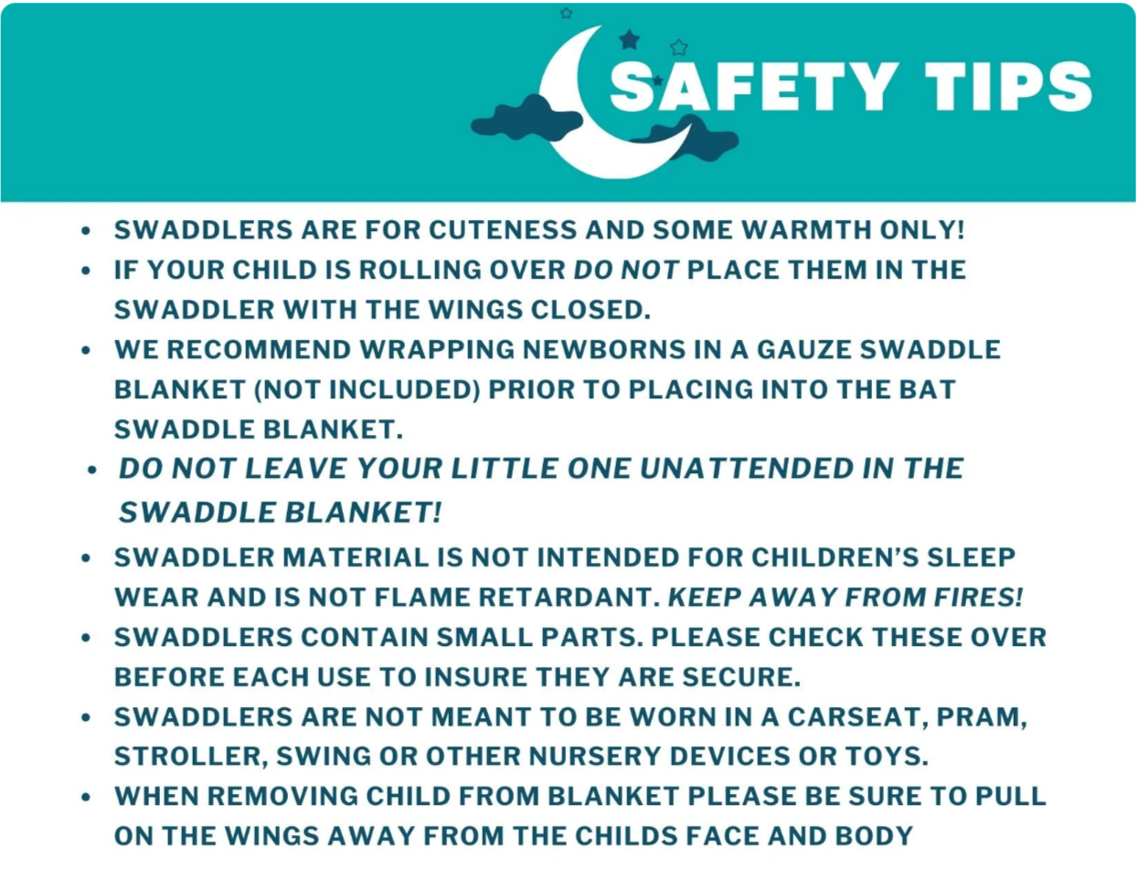 Safety tips for swaddlers displayed on a blue background with a moon and star graphic.