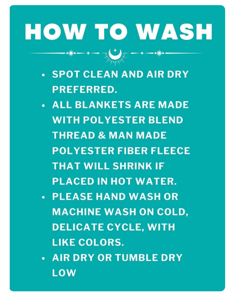Teal sign with white text on how to wash blankets
