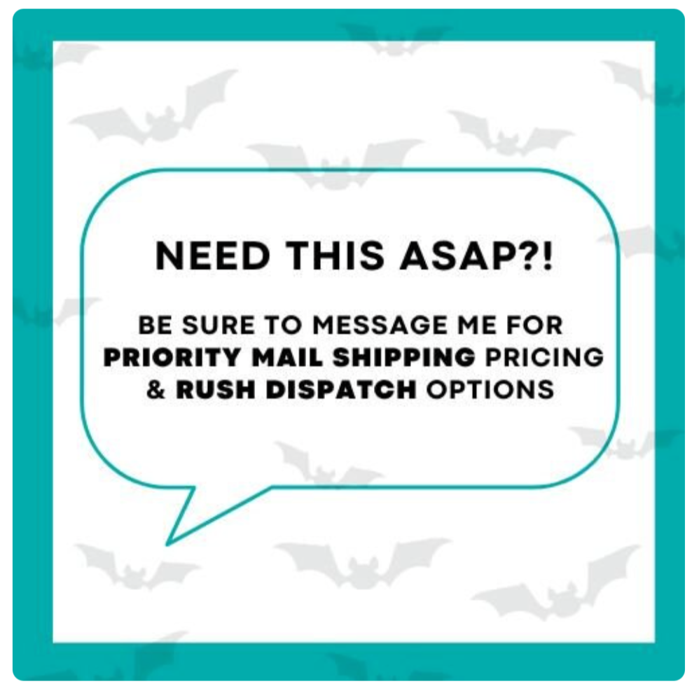 Teal border with a speech bubble containing text about priority mail shipping and rush dispatch options.
