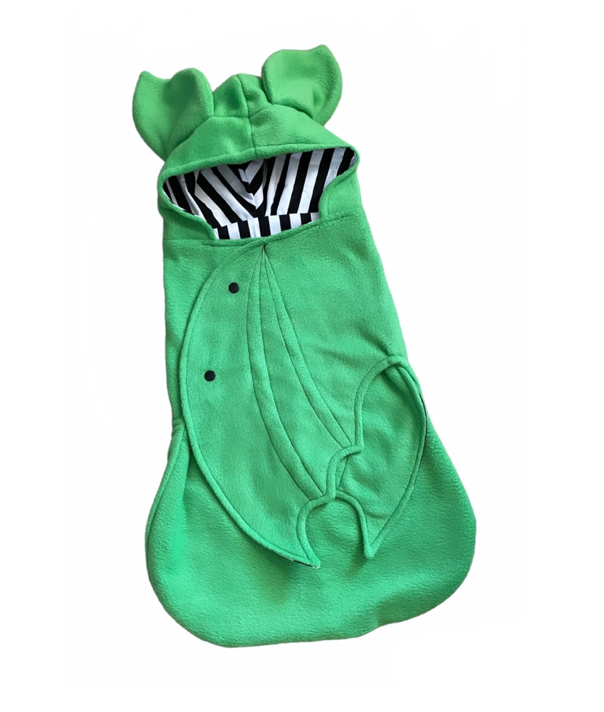 Green baby costume with stripe pattern lining on a white background