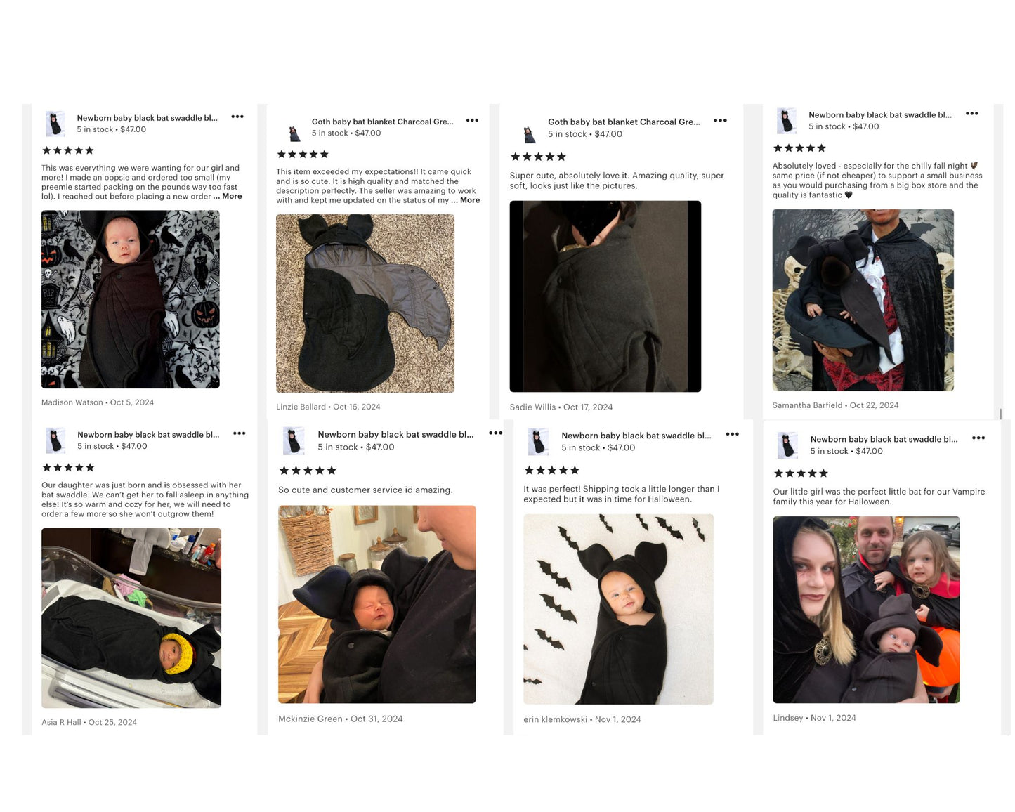 Grid of product images with customer reviews and ratings on a white background