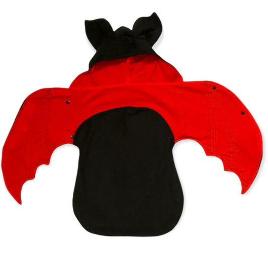 Red and black bat costume on a white background