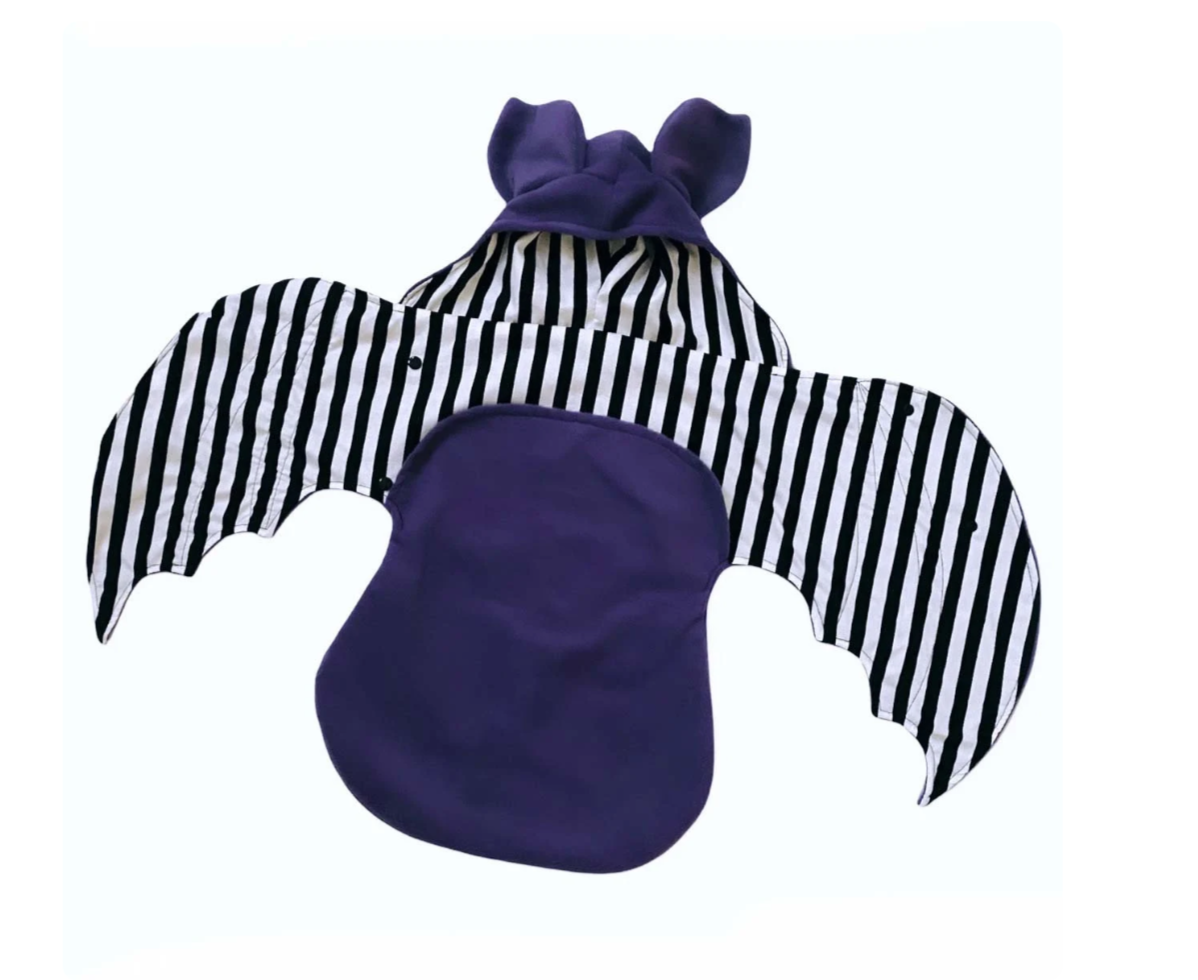 purple black and white stripe bat swaddled blanket for babies