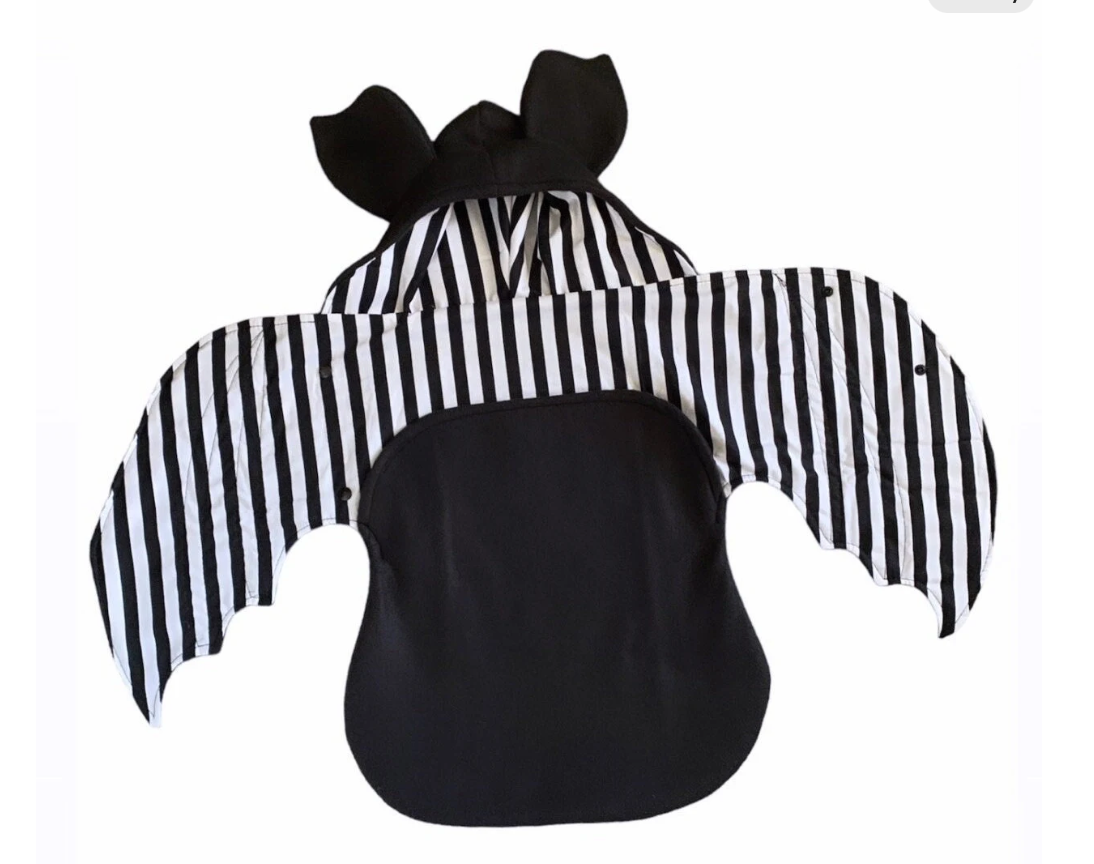 Black and white striped bat swaddle blanket on a white background
