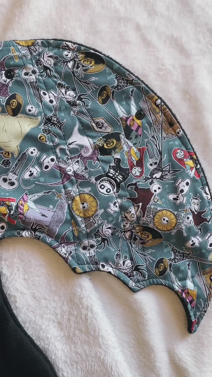 close up video of nightmare bat swaddle blanket